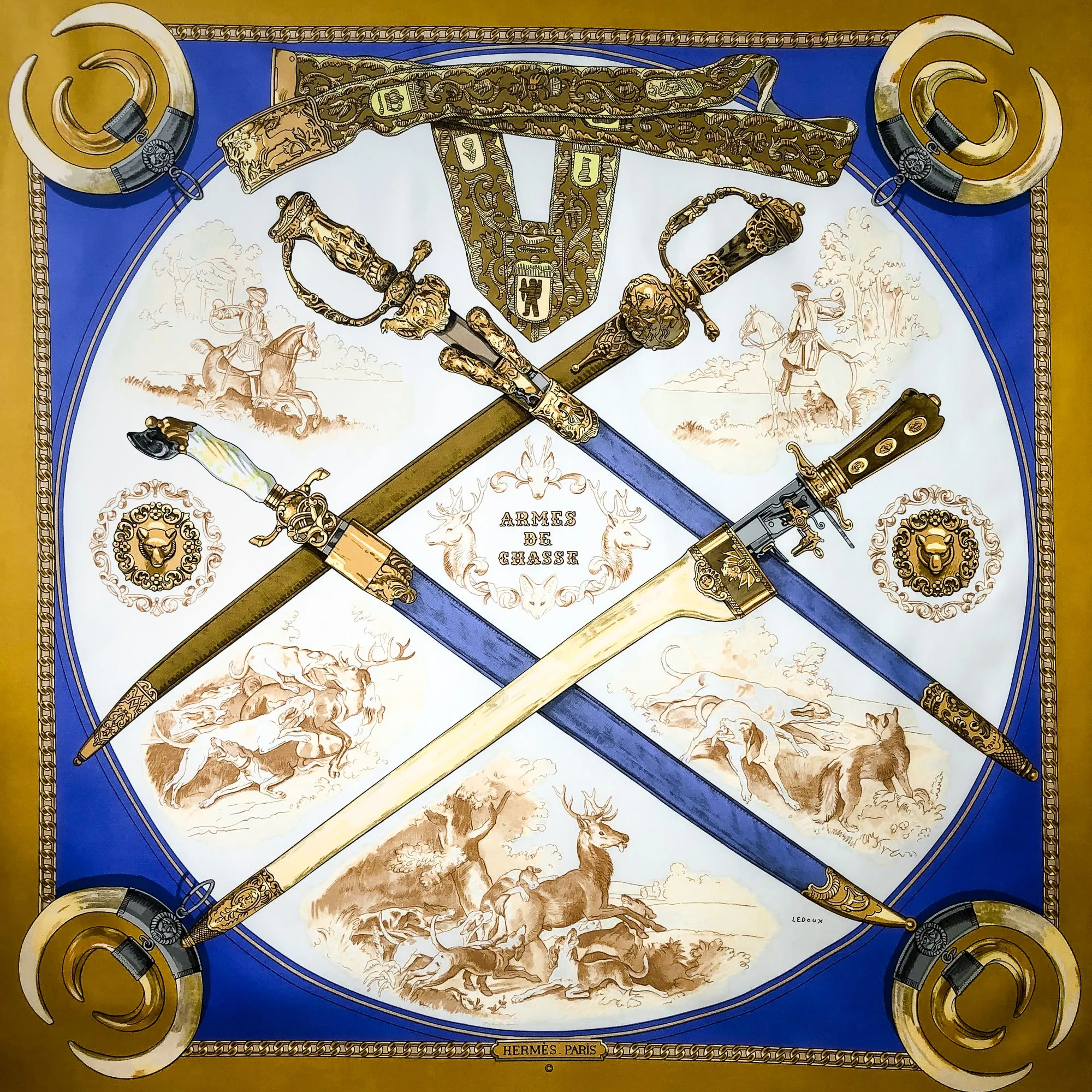 Armes de Chasse Hermes Scarf by Ledoux 90 cm Silk - Early Issue