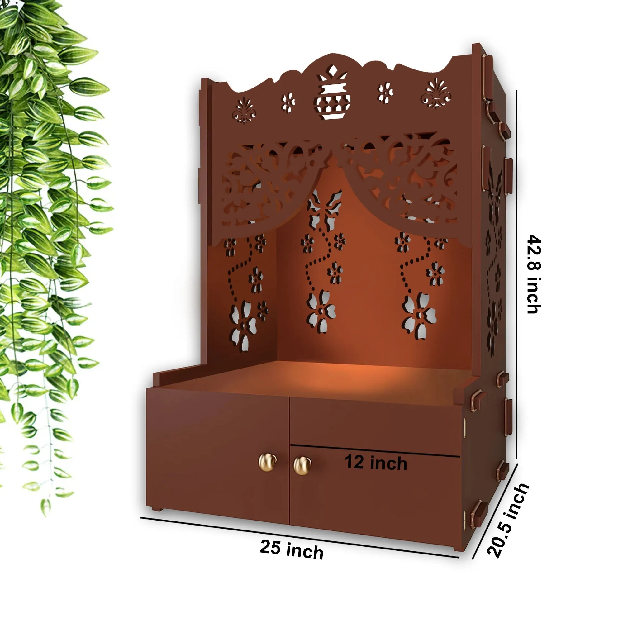 Beautiful Flower Design Pattern Floor Temple with Spacious Wooden Shelf & Inbuilt Focus Light- Brown Finish