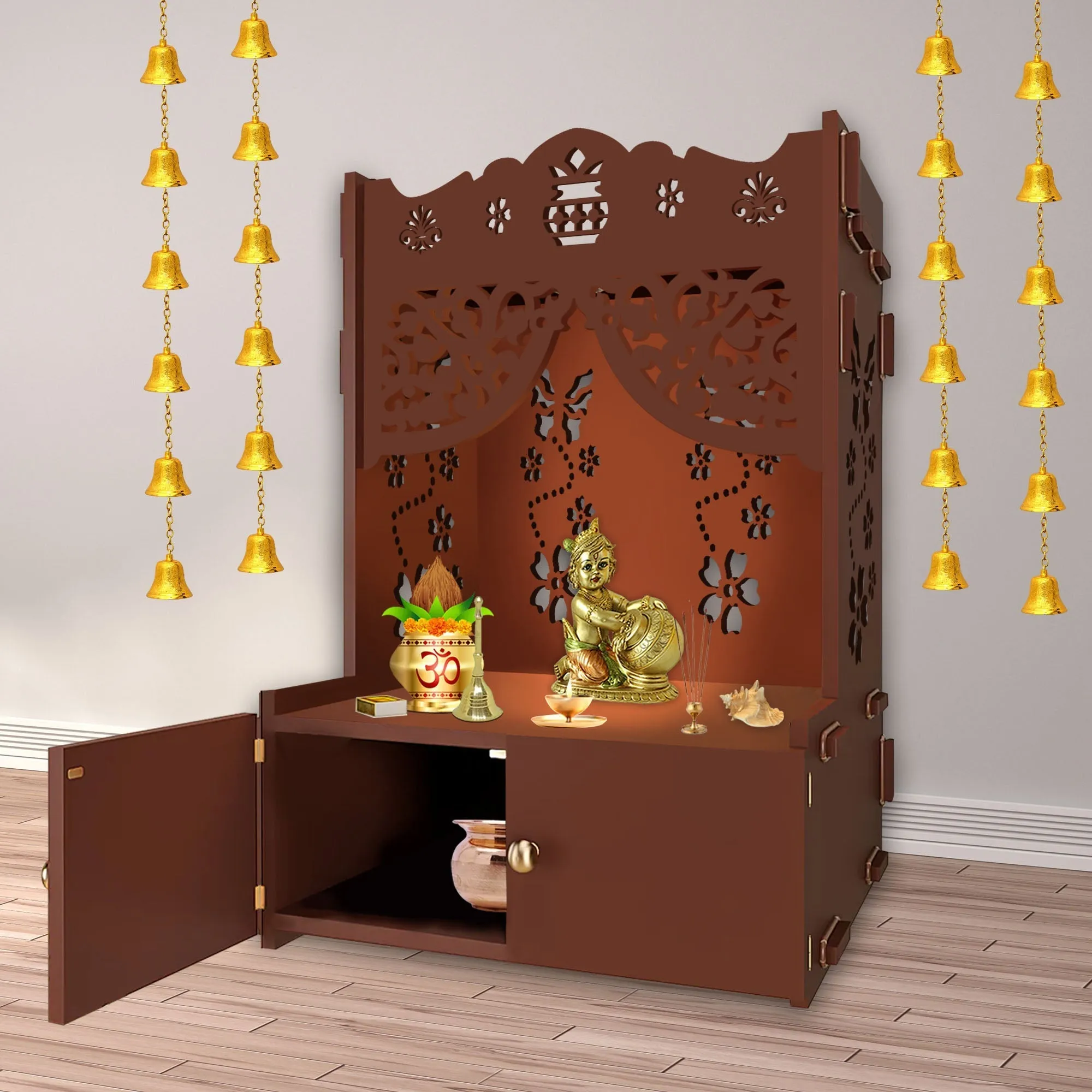 Beautiful Flower Design Pattern Floor Temple with Spacious Wooden Shelf & Inbuilt Focus Light- Brown Finish