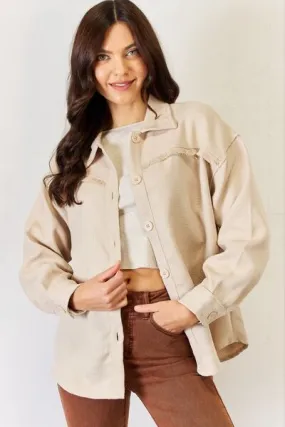 Beige Texture Button Down Fray Shacket