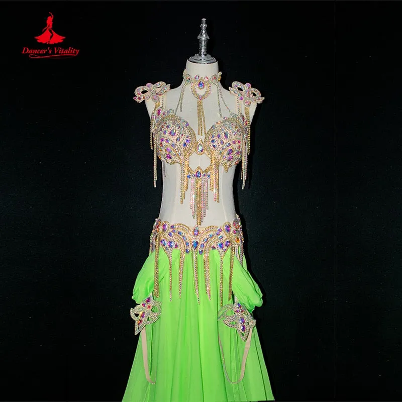 Belly Dance Costume Suit Women Customsized AB Stones Bra belt accessories chiffon Long Skirt 4pcs Female Belly Dancing Outfit