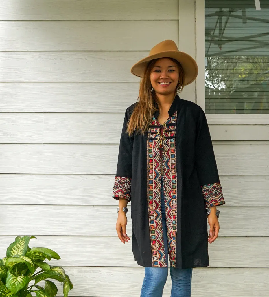 Black Organic Cotton Boho Jacket Cardigan with Pockets