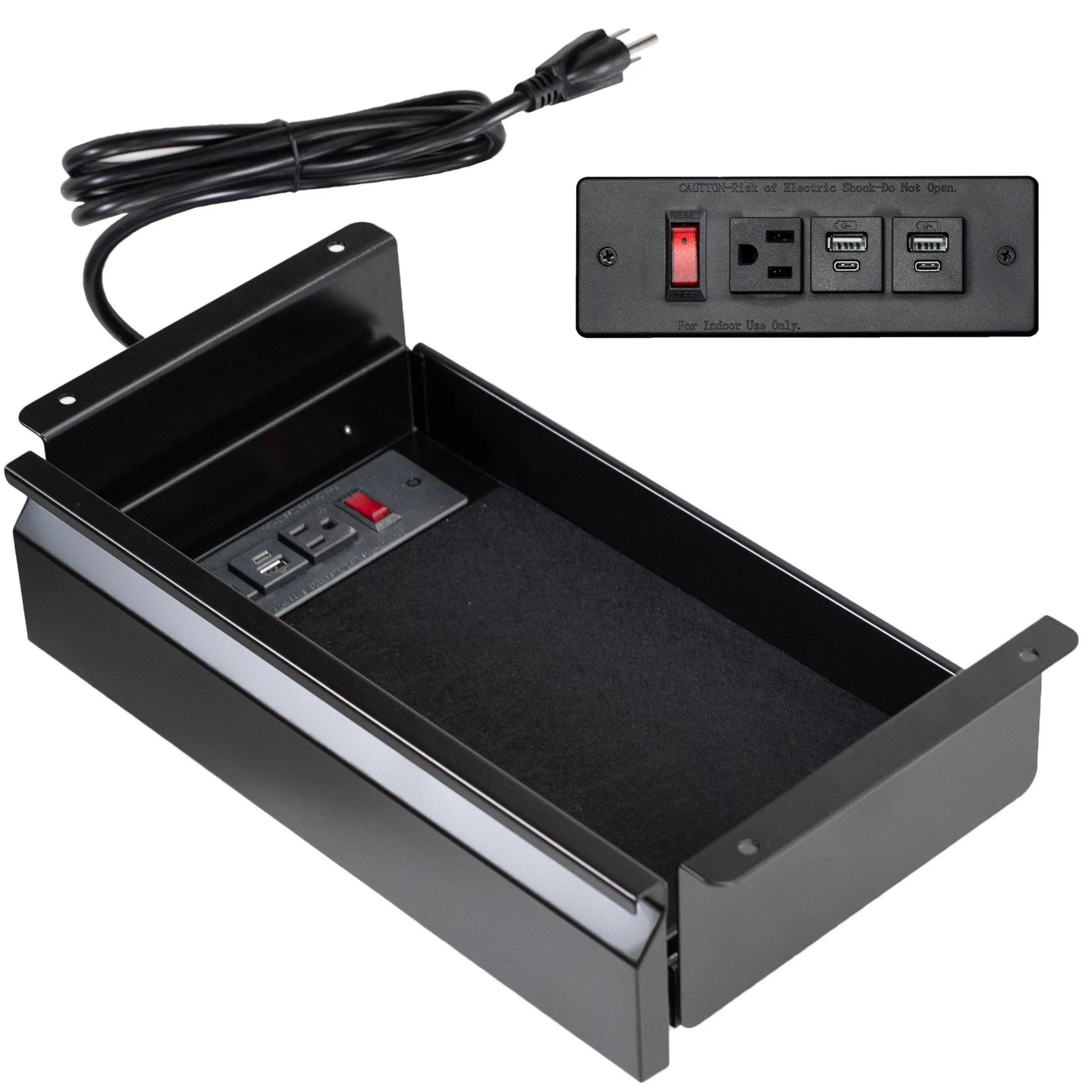 Black Pull Out 16" Under Desk Drawer with Power Strip