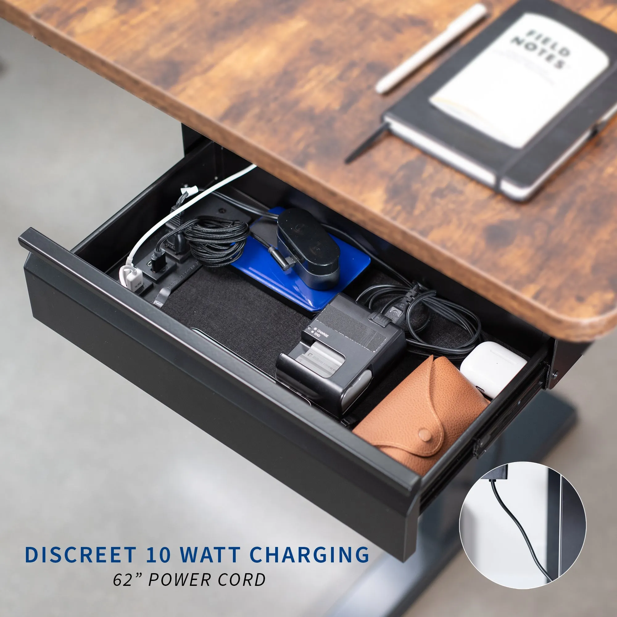 Black Pull Out 16" Under Desk Drawer with Power Strip