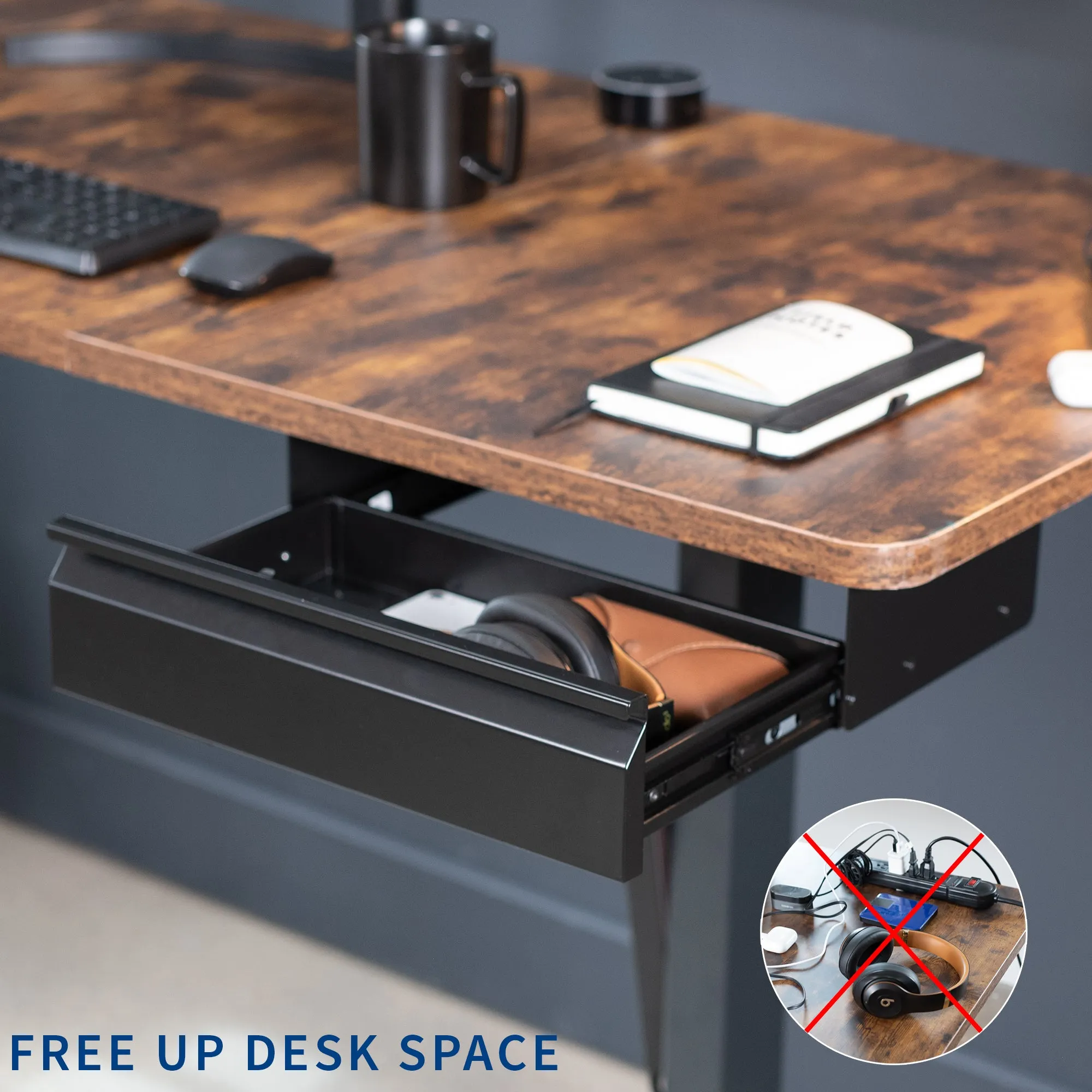 Black Pull Out 16" Under Desk Drawer with Power Strip