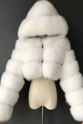 BLANITA 'WHITE FUR' - Blanita scurta cu gluga din blana artificiala alba