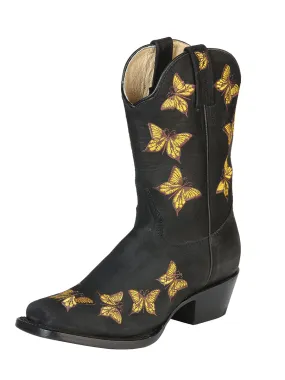 Botas Vaqueras Rodeo con Bordado de Mariposas de Piel Nobuck para Mujer 'El General' - ID: 51220