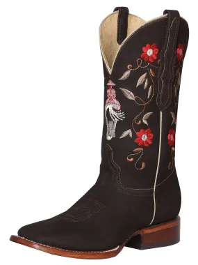 Botas Vaqueras Rodeo con Tubo Bordado de Flores de Piel Nobuck para Mujer 'El General' - ID: 42974