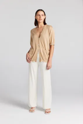 Cashmere Silk Short Sleeve Cardigan - Camel/Cream Tipping