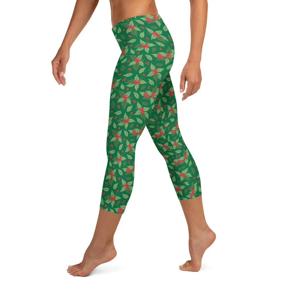 Christmas Holly Capri Leggings (Kelly Green)