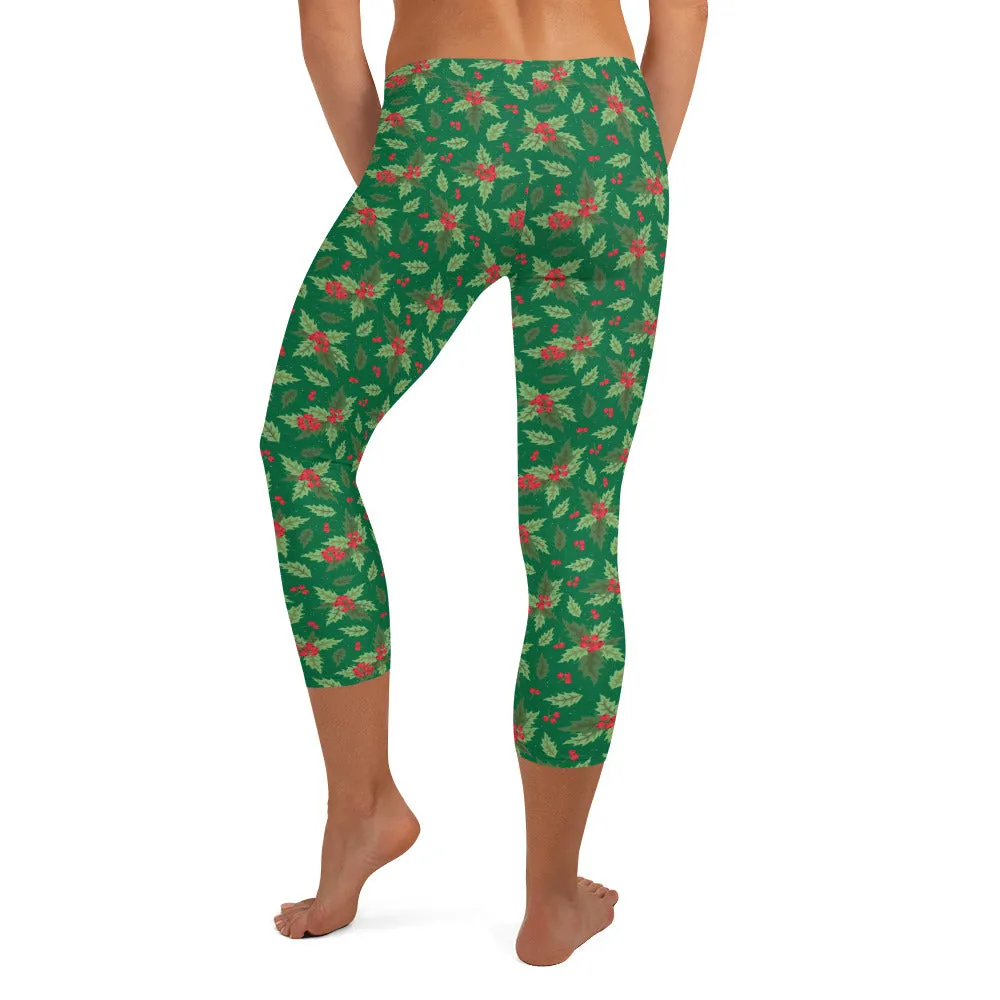 Christmas Holly Capri Leggings (Kelly Green)