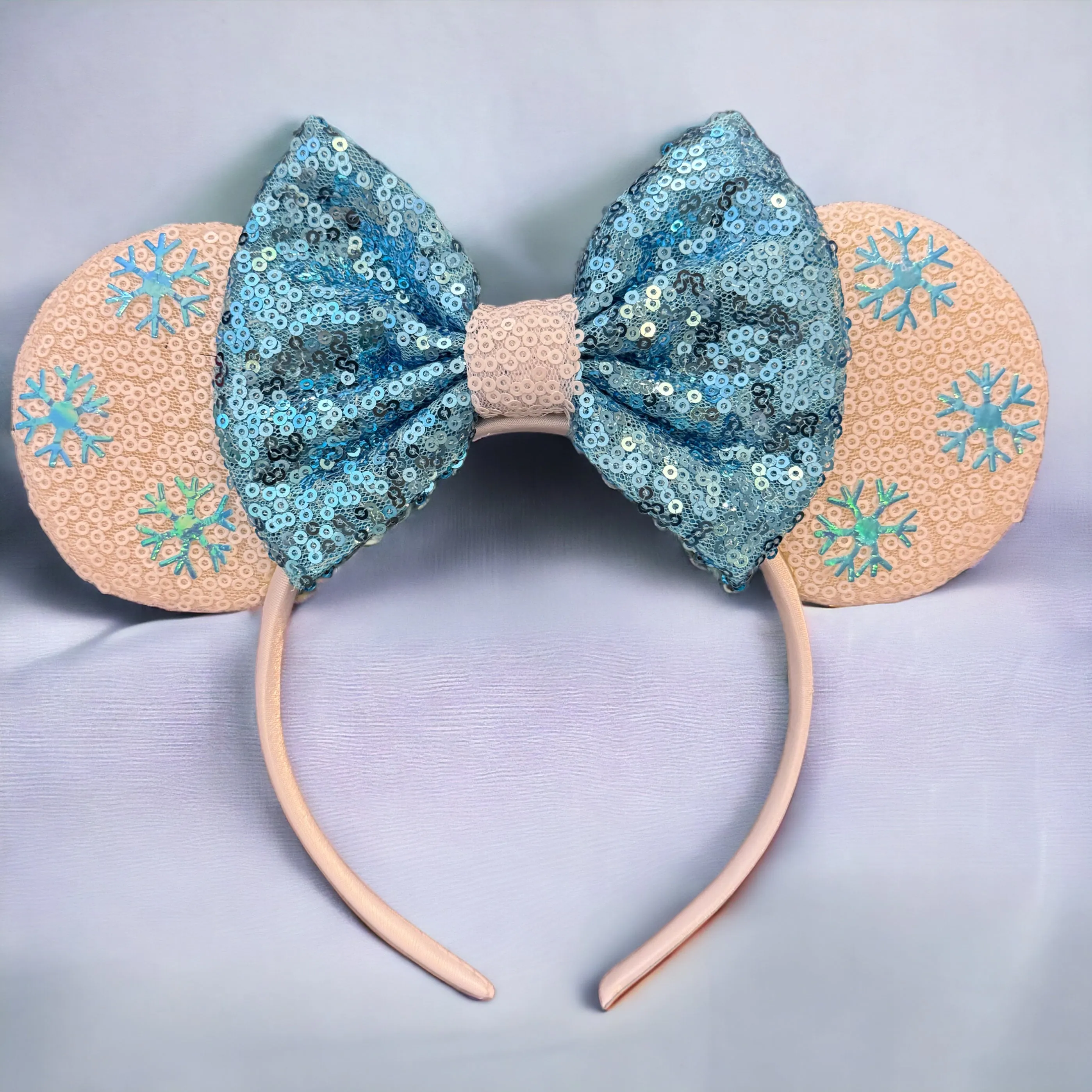 Frozen Inspired Mouse Ears Headband with Blue Sequin Bow - Elsa & Anna Design