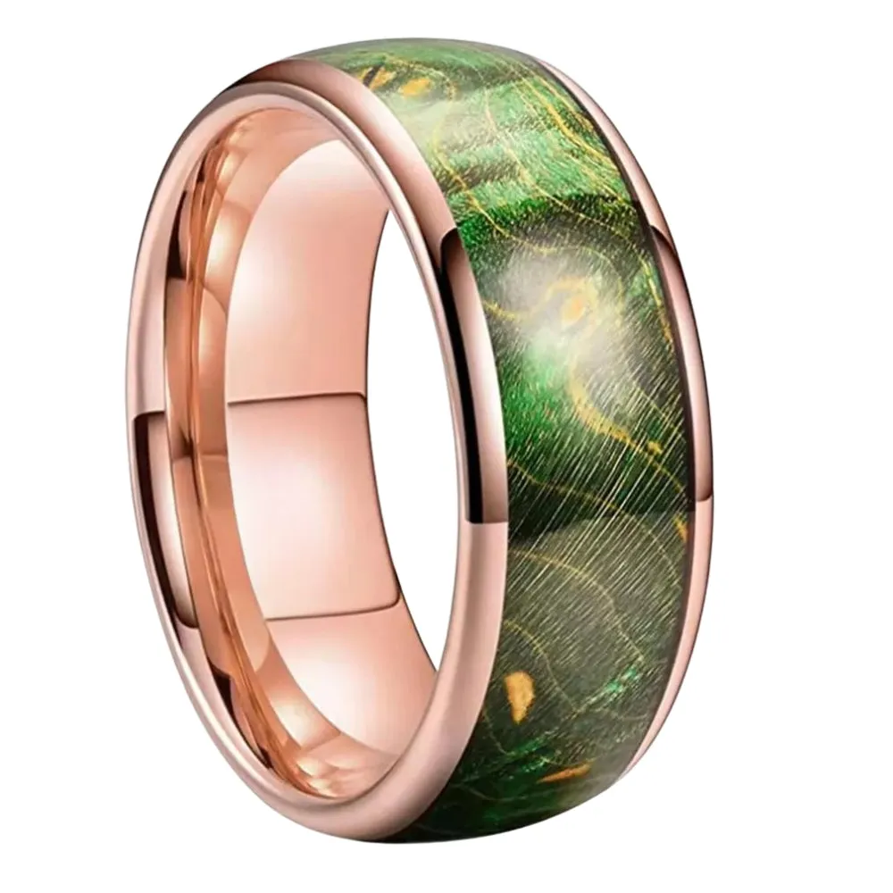 Green Elderwood & Rose Gold Tungsten Dome Wedding Ring (8mm)