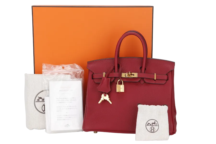 HERMES BIRKIN 25 (STAMP C) ROUGE GRENAT TOGO LEATHER GOLD HARDWARE WITH KEYS&LOCK , RAINCOAT, CARE CARD, DUST COVER & BOX