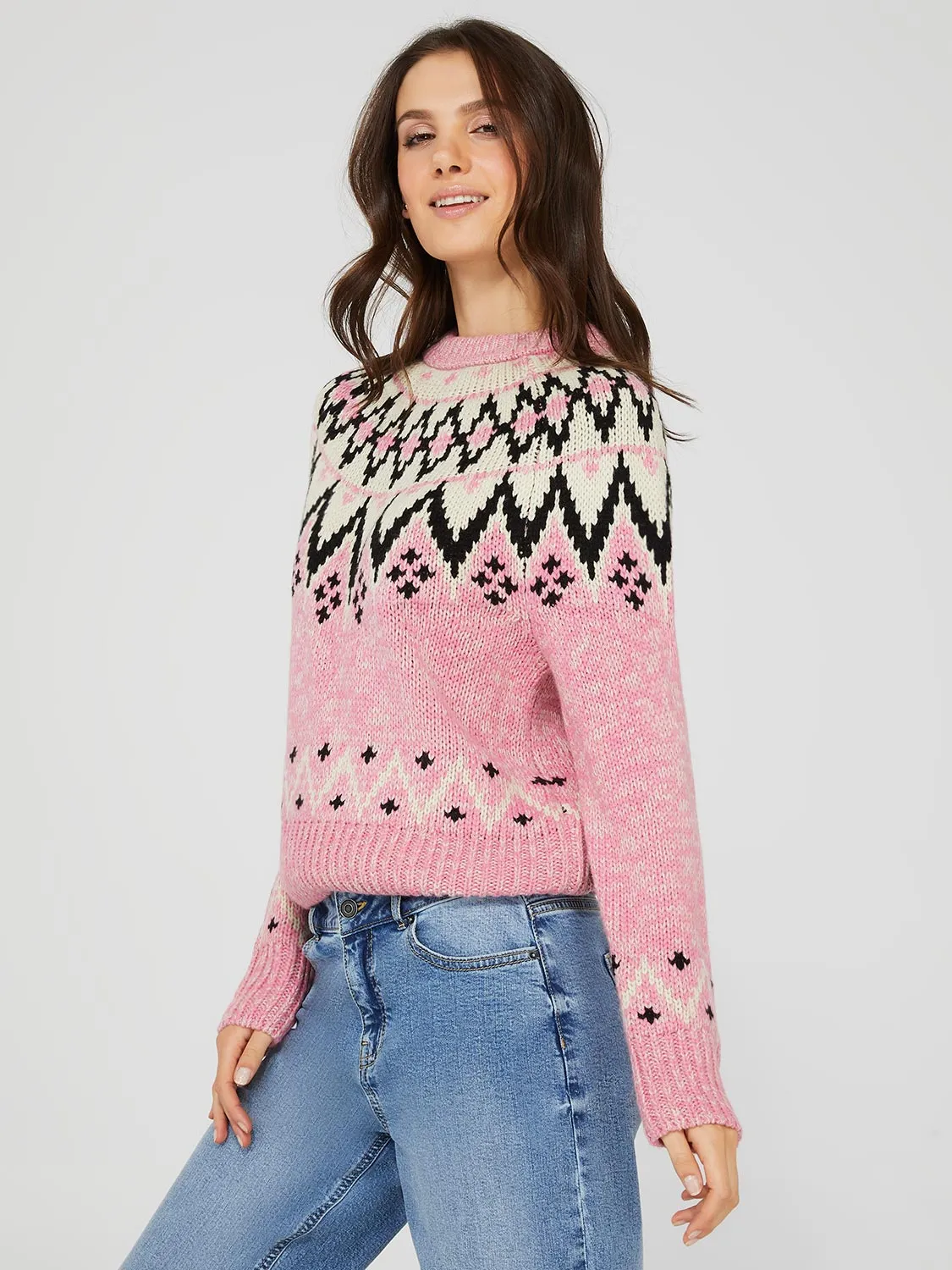 Jacquard Pattern Crew Neck Sweater