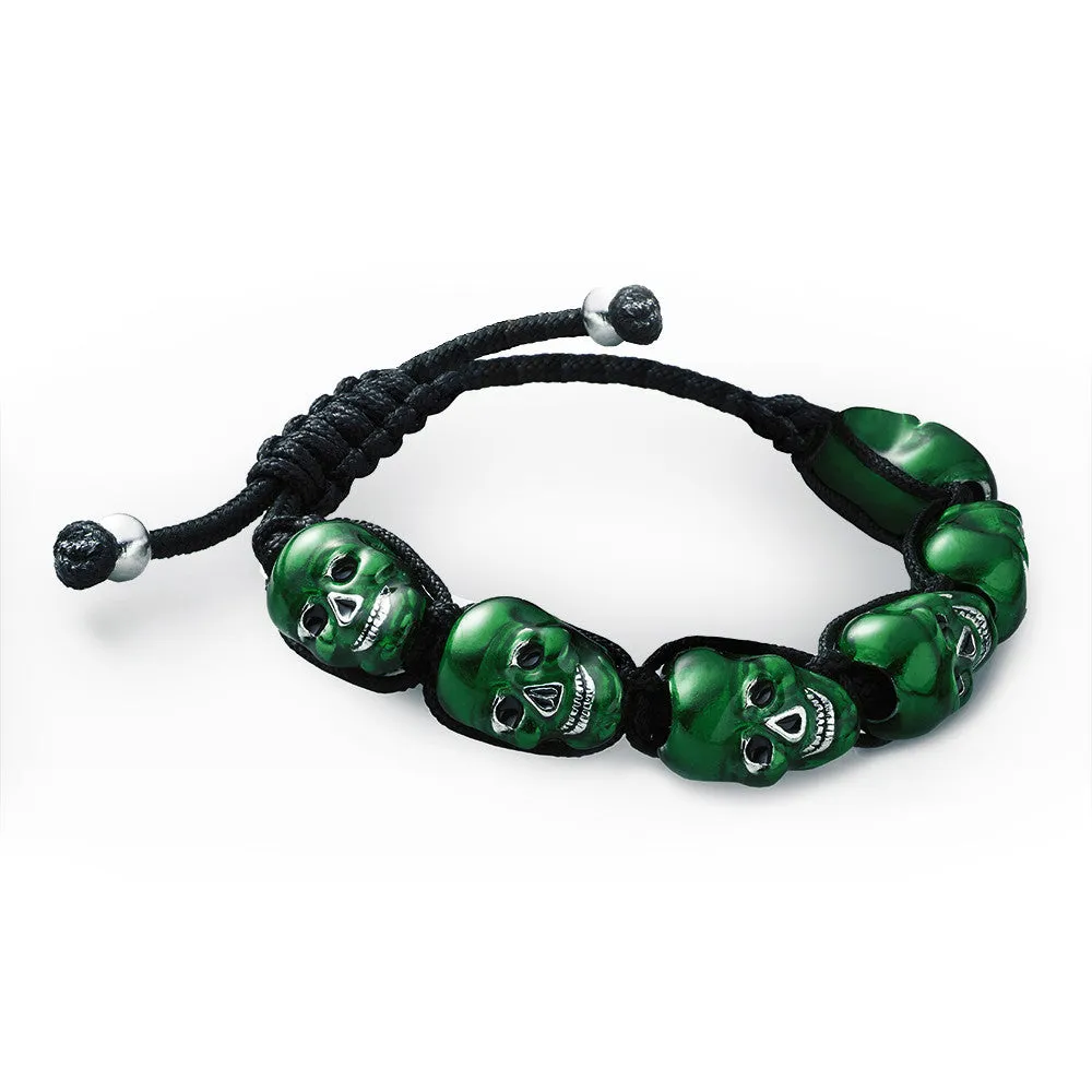 Lucky Skulls Green Enamel and Silvertone Shamballa Style Bracelet