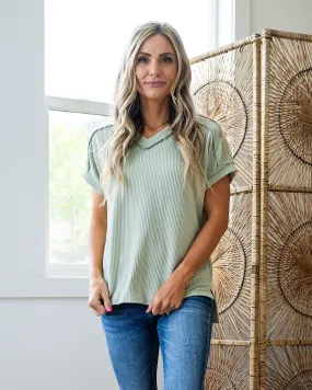 Mandy Corded V Neck Top - Sage