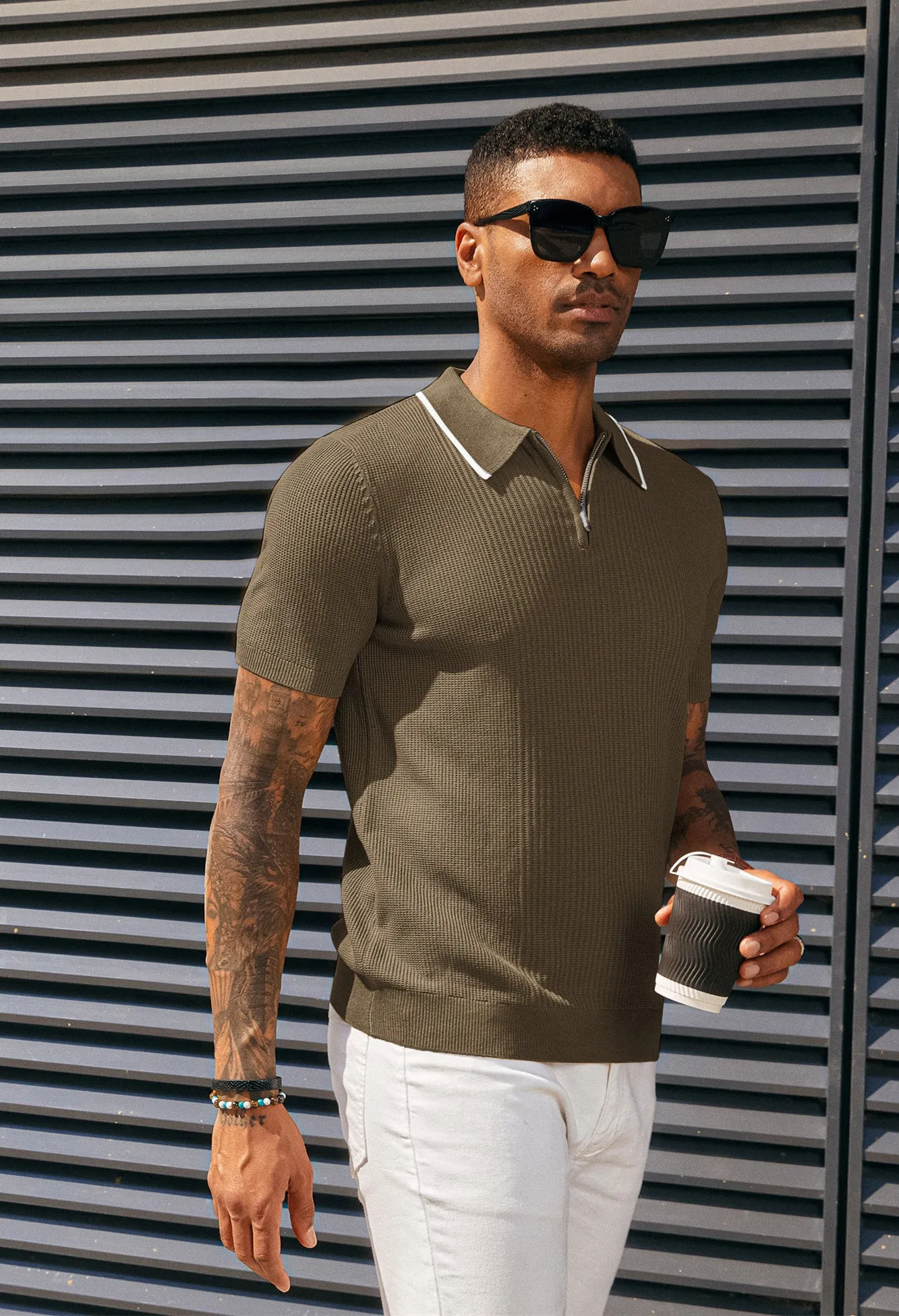 Men Stylish Lapel Collar Knitted Polo-Shirt Short Sleeve Zip-up Neck Knitwear