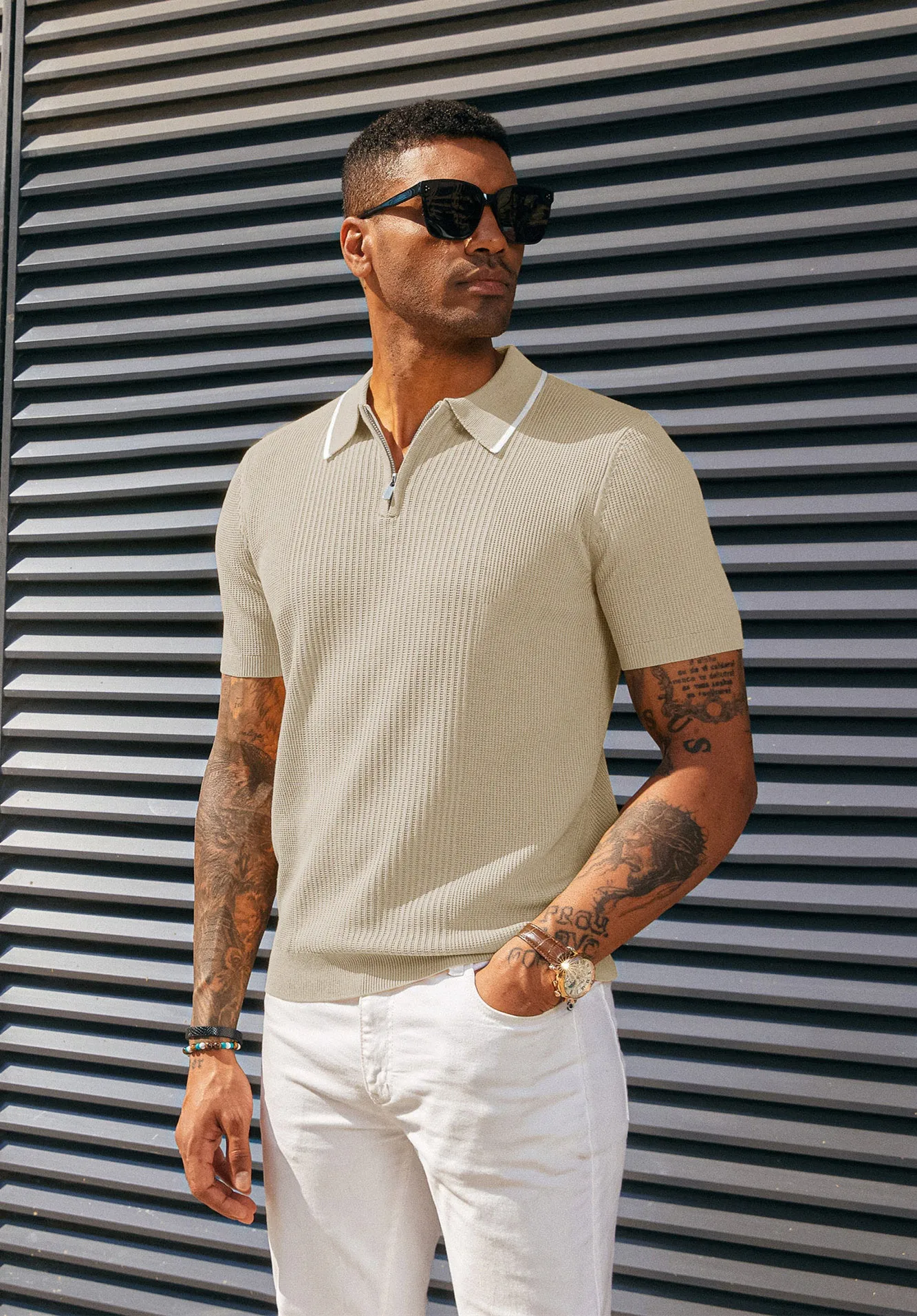 Men Stylish Lapel Collar Knitted Polo-Shirt Short Sleeve Zip-up Neck Knitwear