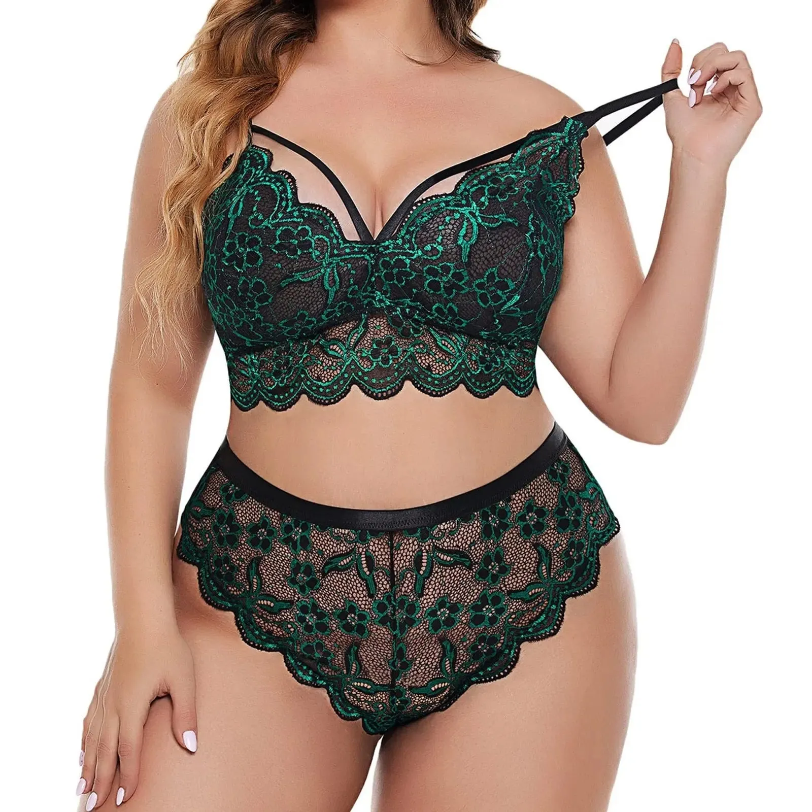 Plus Size Women Lingerie Set Floral Lace Bra Hollow Out Thong Garter Set Sexy Women Underwear Sex Costume Lenceria Mujer