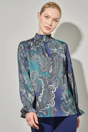 Printed Paisley Smocked Trim Charmeuse Blouse