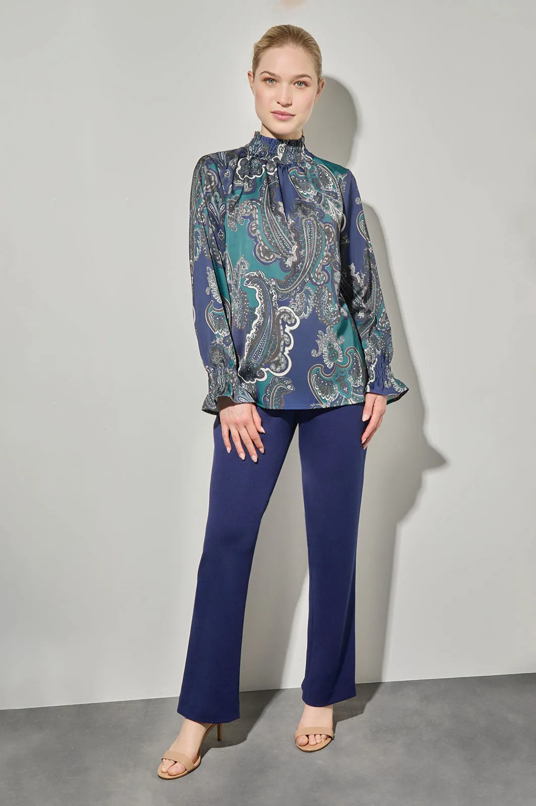 Printed Paisley Smocked Trim Charmeuse Blouse