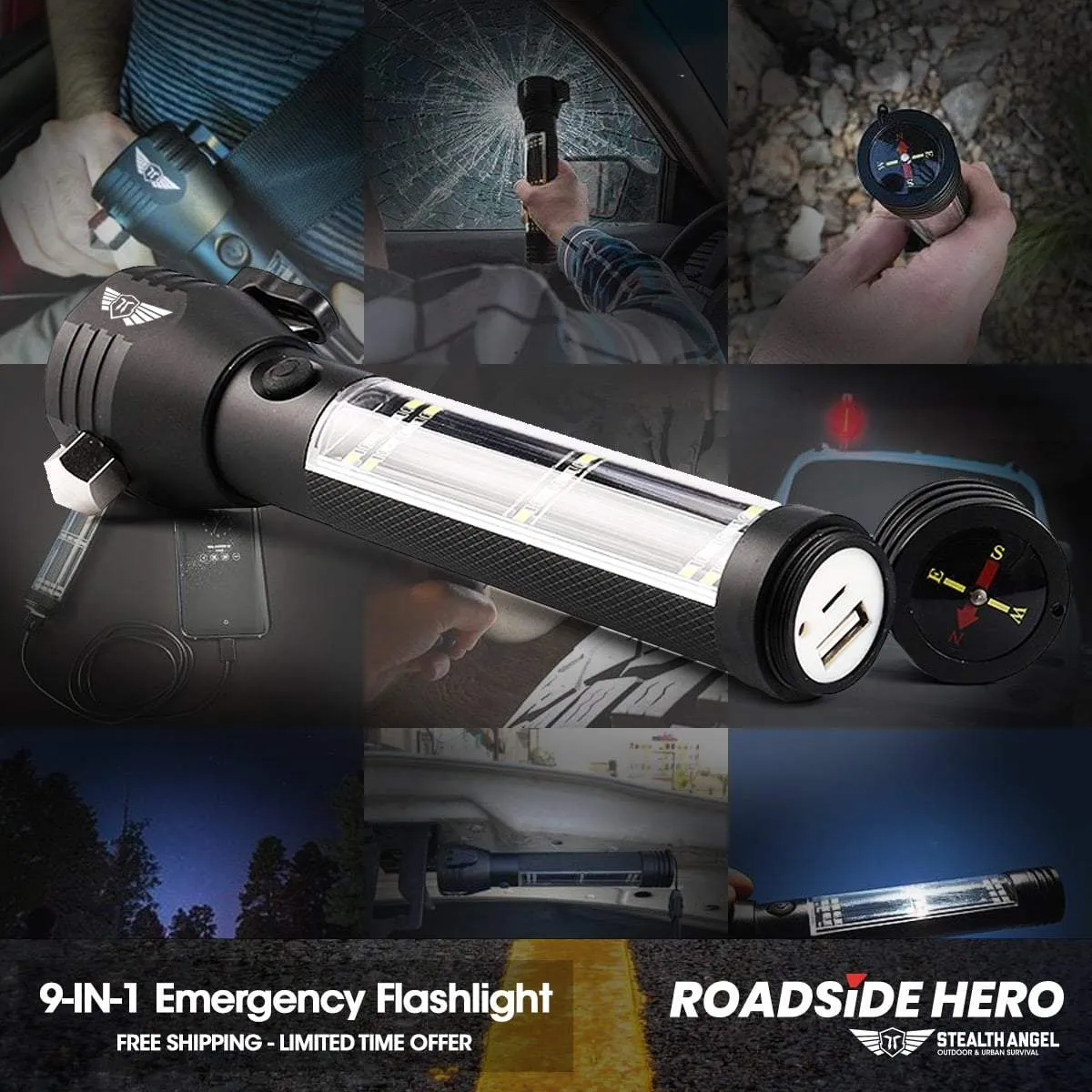 Roadside HERO ™ 9-IN-1 Multi-Function Solar Powered Flashlight / Survival Tool