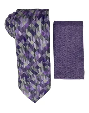 Stacy Adams Checker Tie and Handkerchief - Purple & Gray