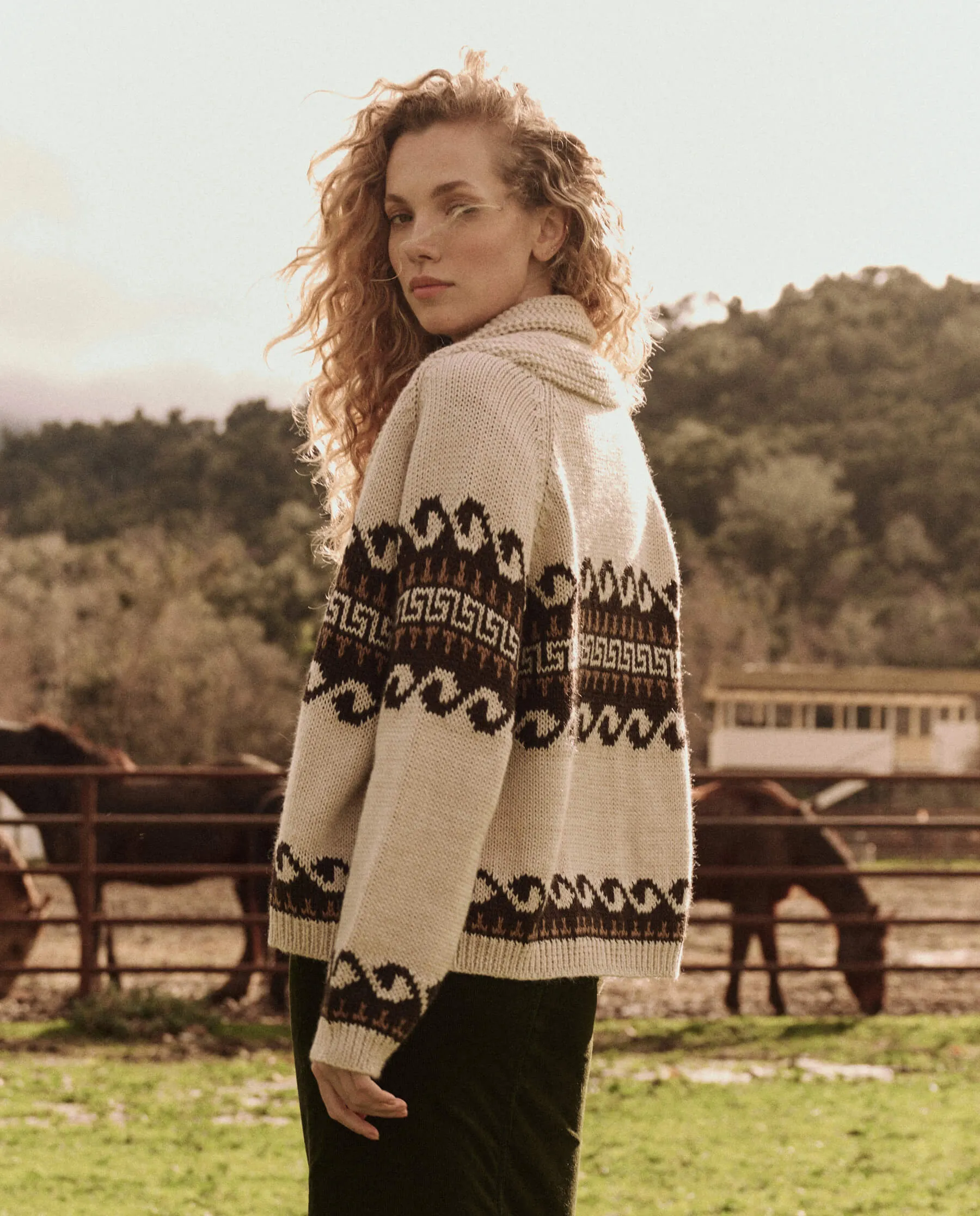 The Great Greek Key Lodge Cardigan in Cream with Driftwood