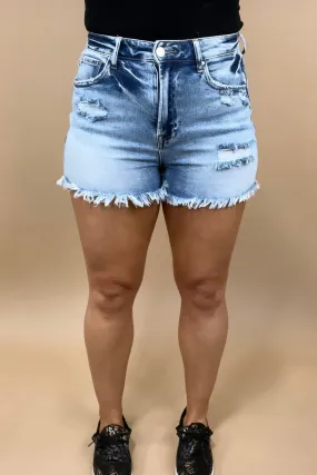 The Kimber's- Light Wash High Rise Distressed Denim Shorts