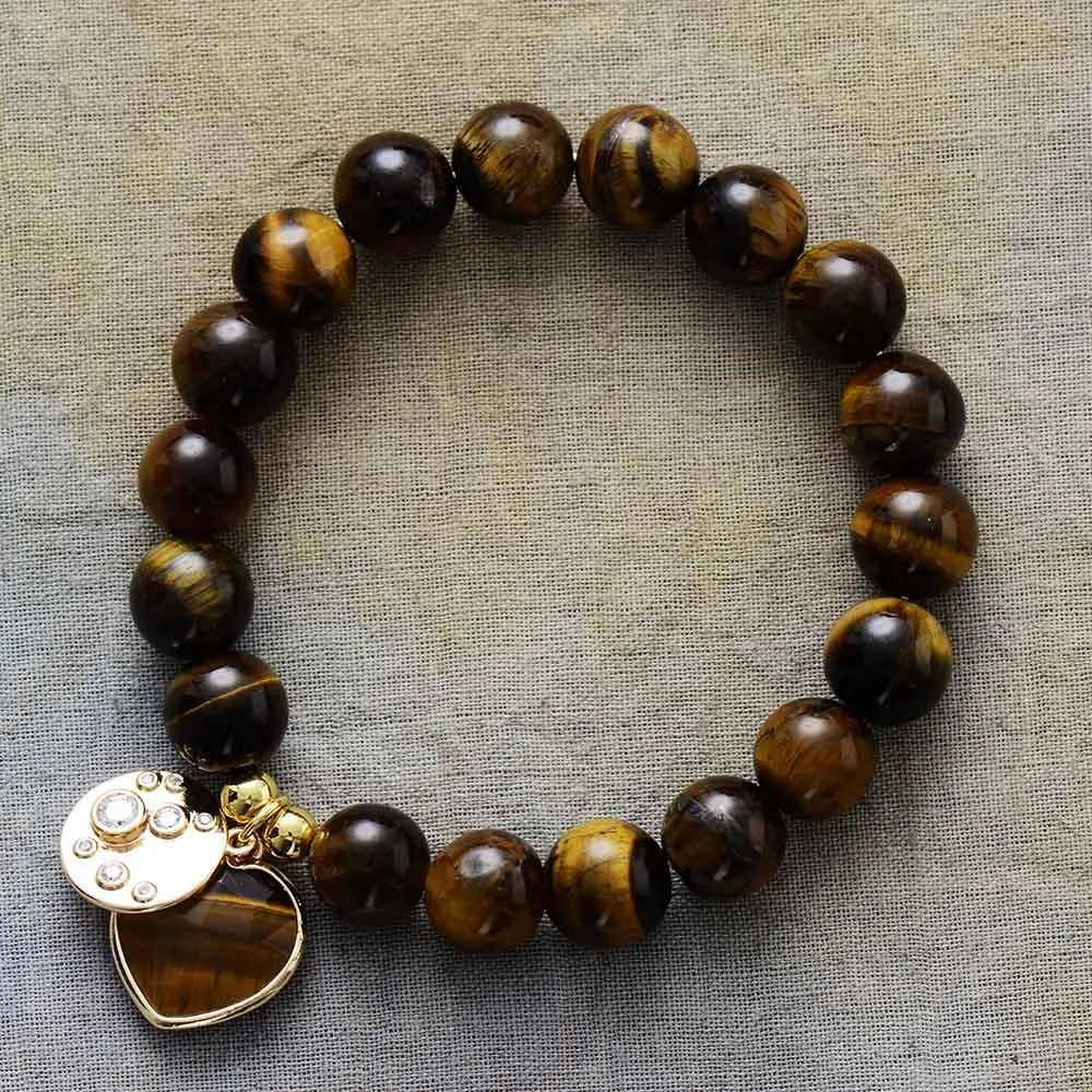 Tiger's Eye Beads & Heart Charm Stretchy Bracelet