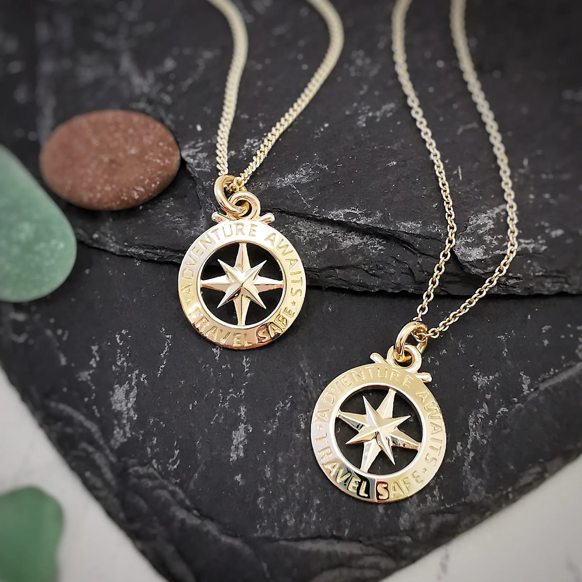 Travel Safe Outline Compass Small Solid Gold Necklace