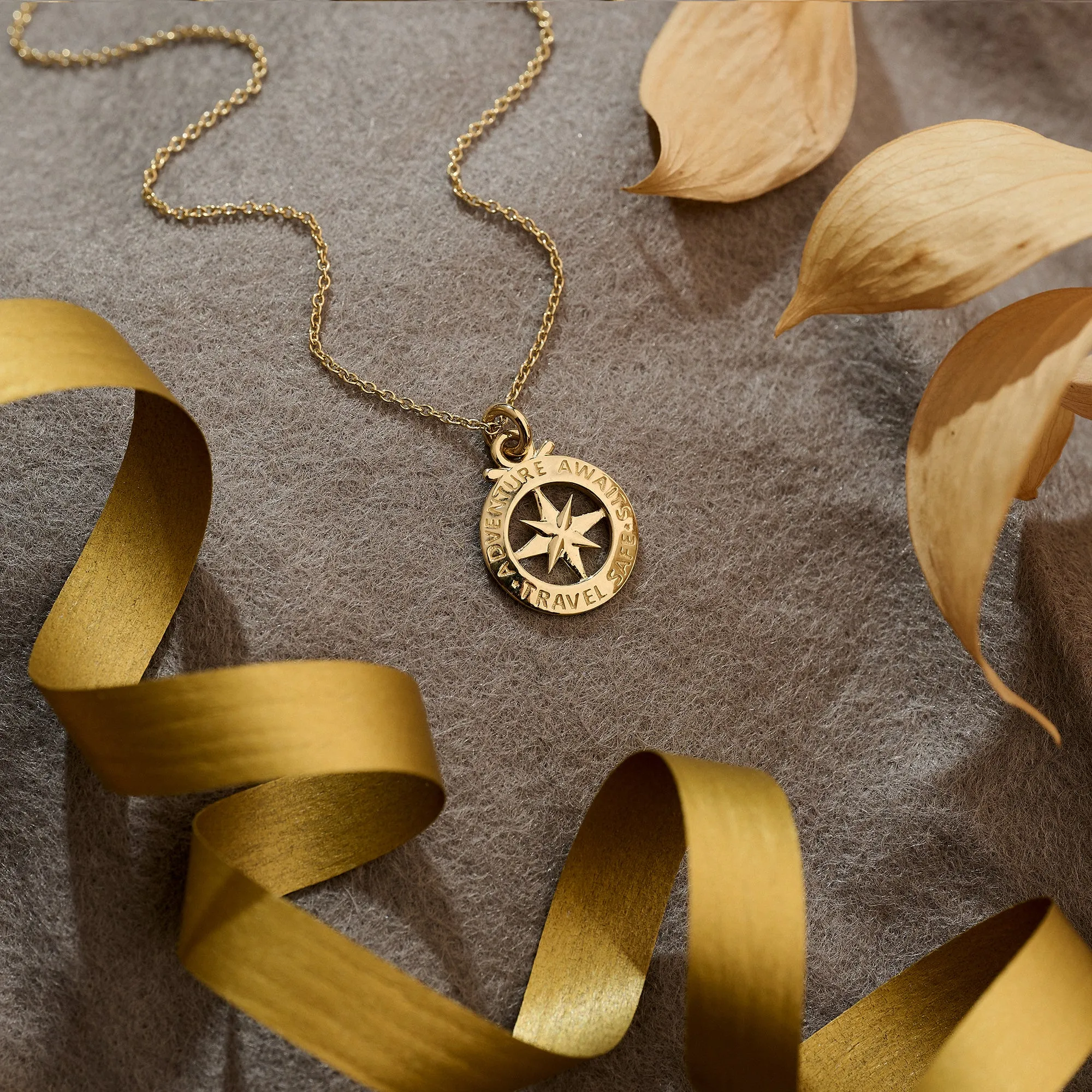 Travel Safe Outline Compass Small Solid Gold Necklace