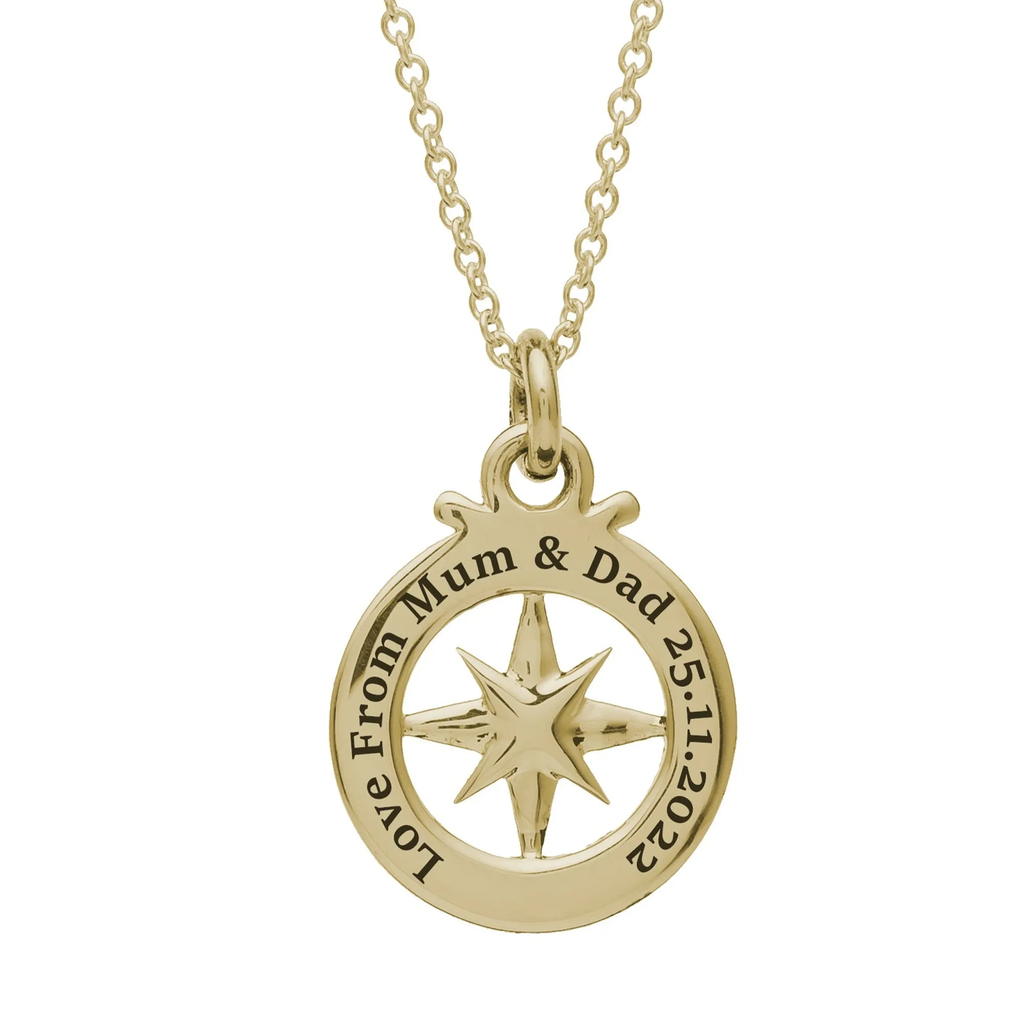 Travel Safe Outline Compass Small Solid Gold Necklace