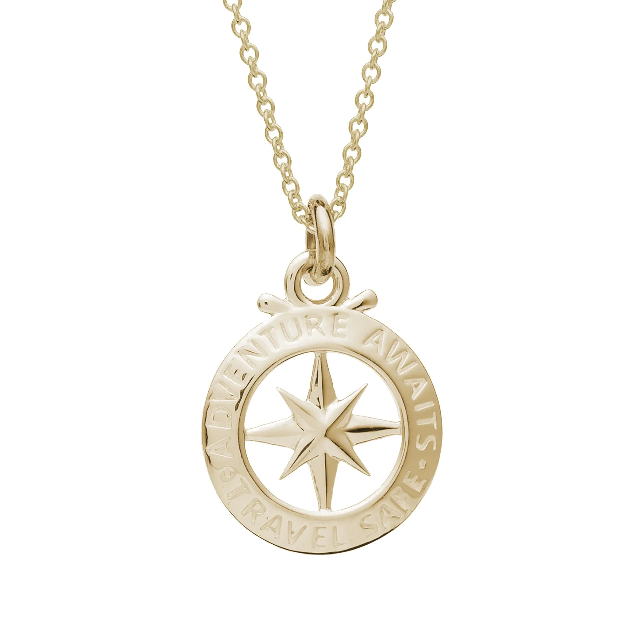 Travel Safe Outline Compass Small Solid Gold Necklace