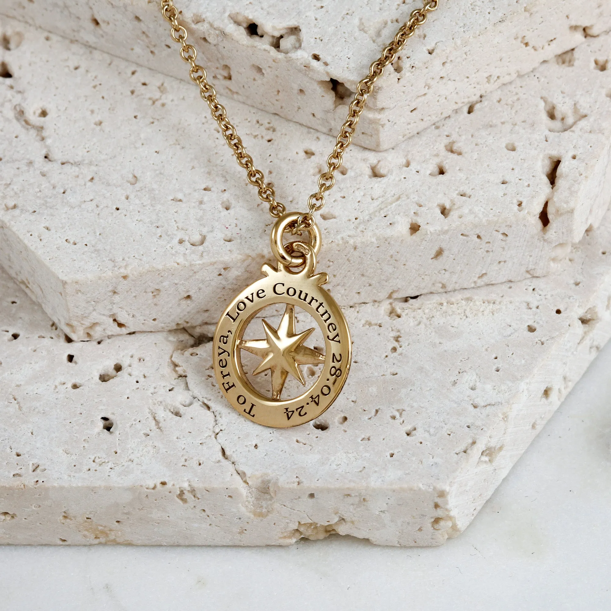 Travel Safe Outline Compass Small Solid Gold Necklace