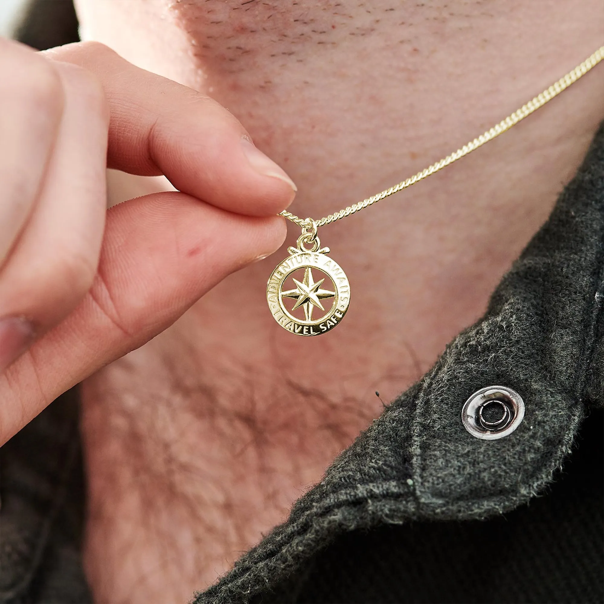 Travel Safe Outline Compass Small Solid Gold Necklace