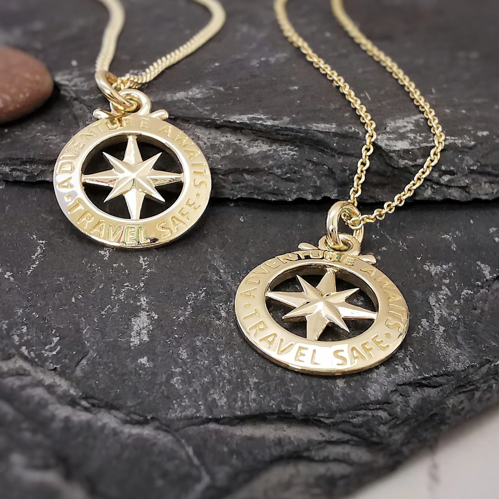 Travel Safe Outline Compass Small Solid Gold Necklace