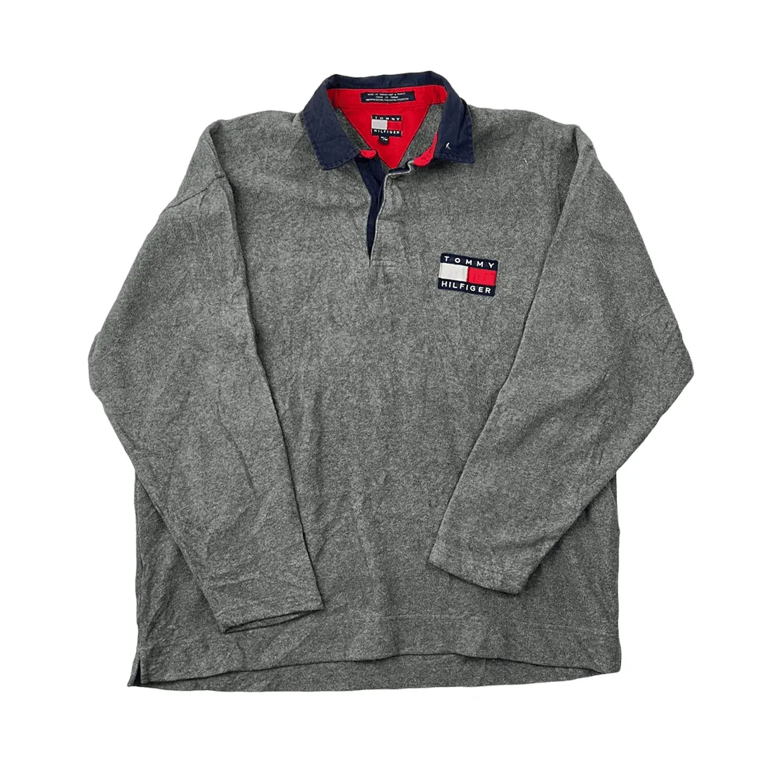 Vintage 90s Grey Tommy Hilfiger Fleece Polo Shirt/ Sweatshirt - Medium (Recommended Size - Large)