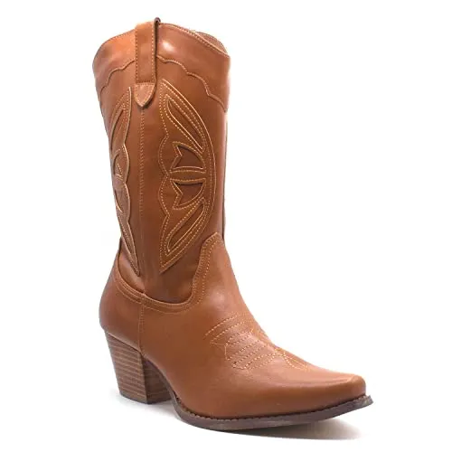 Western Cowboy Boots for Women - Calf High Tall Cowgirl Boot, Low Chunky Heel Botas